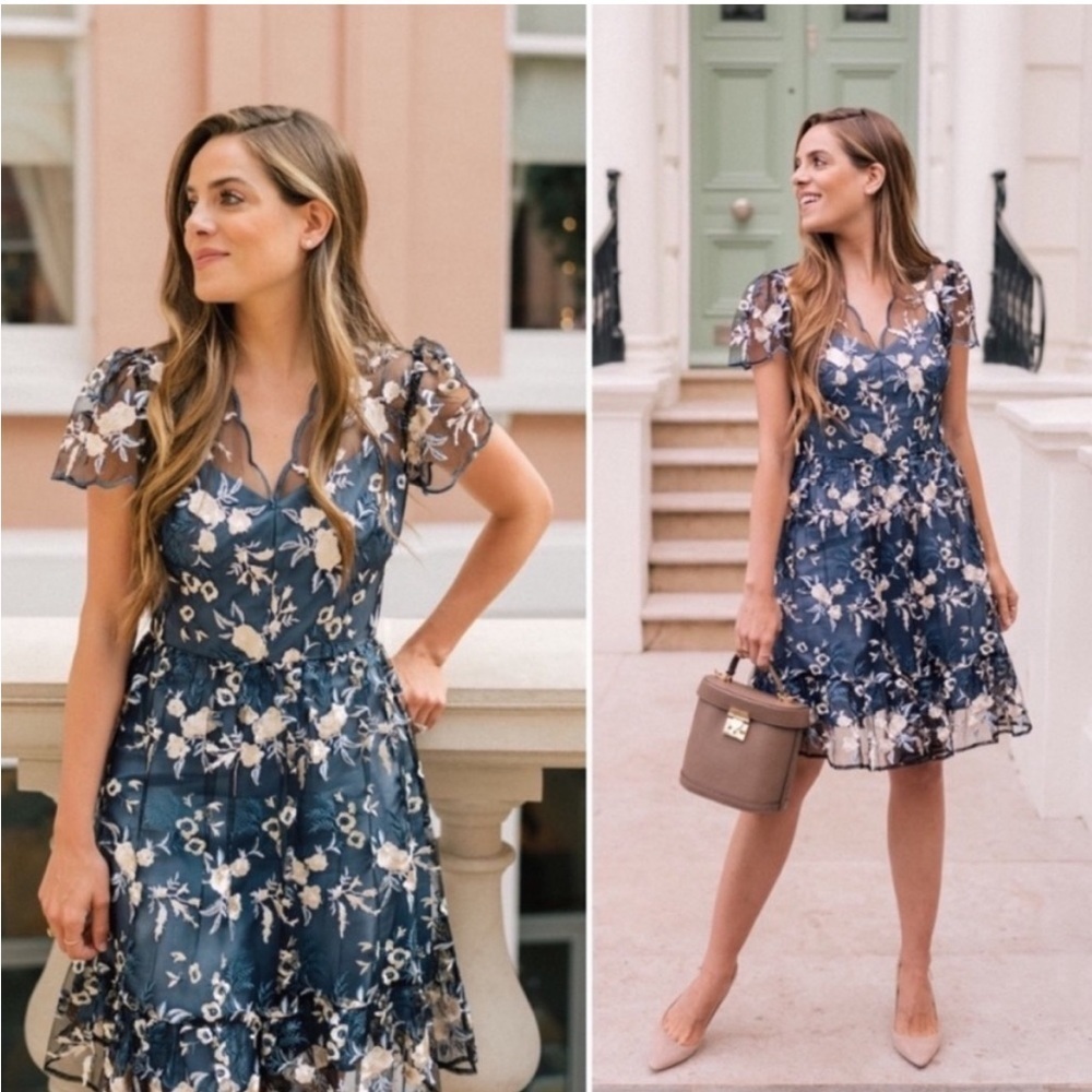 Gal Meets Glam Blue Bridget Embroidered Tea Dress